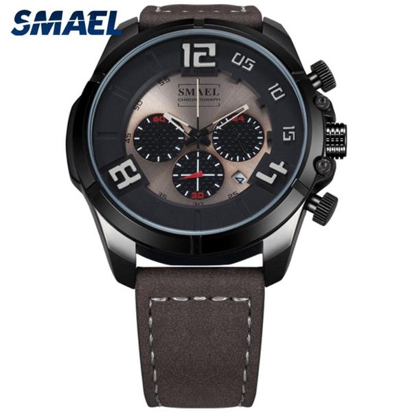 

wristwatches smael casual men's watches waterproof analog chronograph quartz wristwatch male date display sport watch men leather strap, Slivery;brown