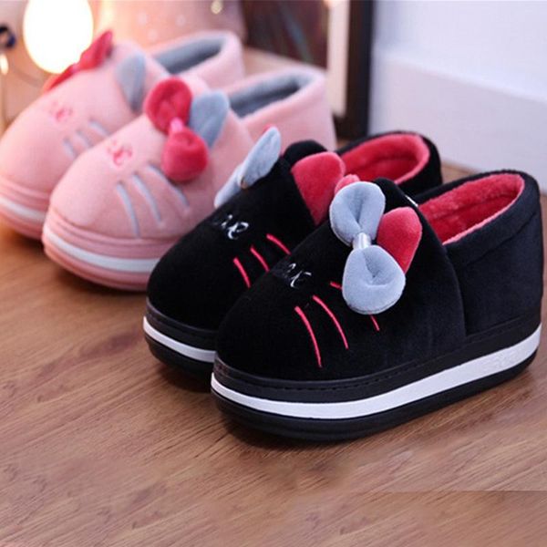 

slippers winter ladies home female women shoes house cat bowknot fashion cute thick bottom warm plush flat platform, Black