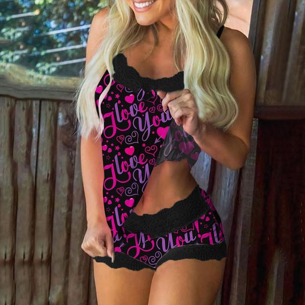 

fashion print pajamas sleeveless women sleepwear lace cami shorts lingerie set soft nightwear 3, Black;red