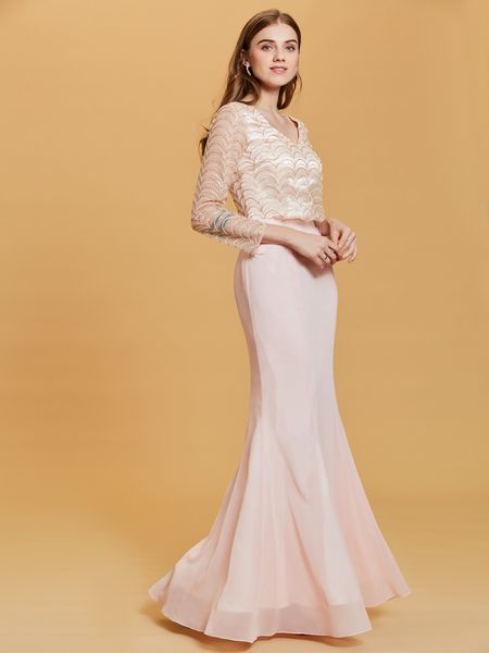 

Sexy Illusion Lace Print Evening Party Dress Women Elegant Chiffion Mermaid Long Dresses Formal Long Sleeve Robe De Soiree