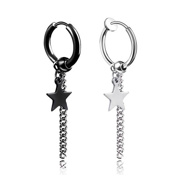 

pentagram chain tassel dangle earrings stainless steel clip on hoop ear rings women men hip hop fashion jewelry, Silver