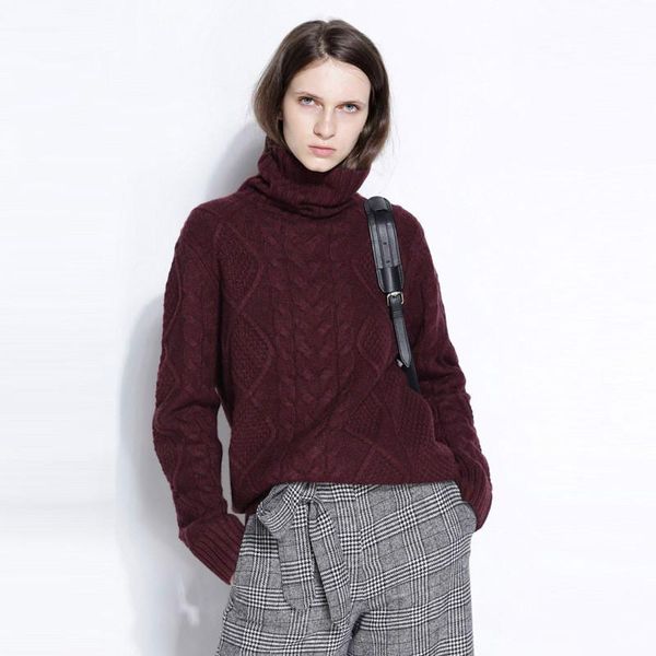 

style for autumn and winter women's turtleneck pullover cable knitting padded loose plus-sized cashmere base sweater sweaters, White;black