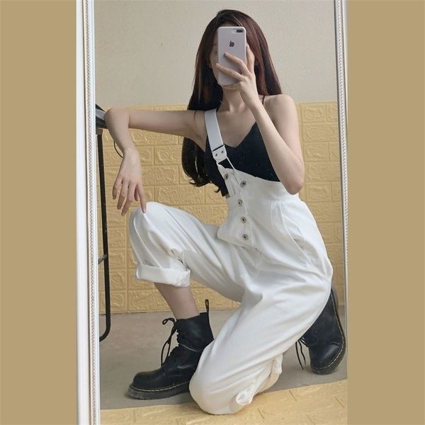 

one-shoulder overall jeans spring and summer black white pants loose thin high-waisted wide-leg 210809, Blue