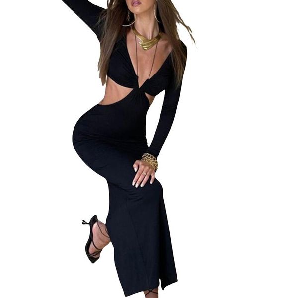 

casual dresses women tie-up halter dress, female solid color low-cut slim-fit comfortable v-neck long sleeve slit cutout leisurewea, Black;gray