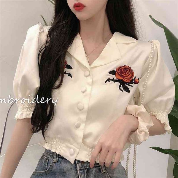 

retro embroidered flower blouse women summer french style cropped shirt puff sleeve short fashion 210601, White