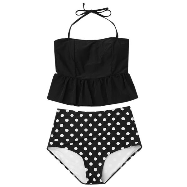 

women's swimwear peplum high waisted polka dot tankini set, White;black