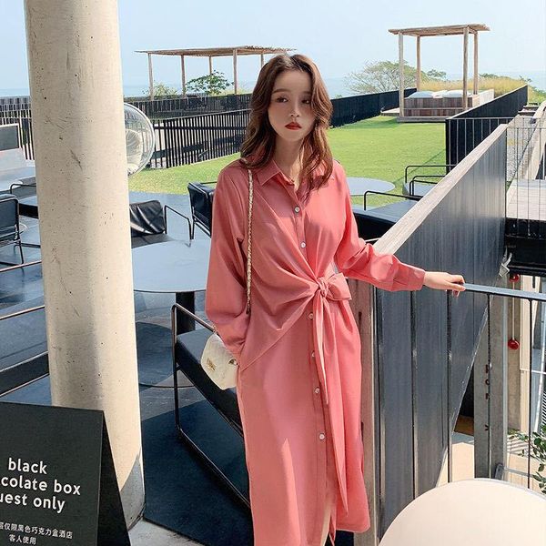 

casual dresses women 2021 spring autumn solid color female fashion lace-up mid-long dress ladies long sleeve button vestidos m96, Black;gray