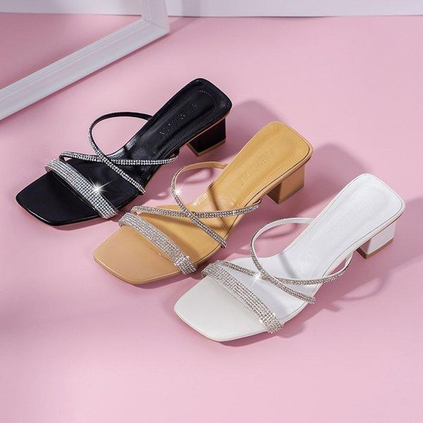 

female sandal clear heels 2021 women's ladies shoes summer ankle strap med girls beige fashion rhinestone medium comfort sandals, Black