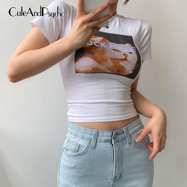 

women's t-shirt cat print cotton harajuku summer tshirts women crewneck skinny korean y2k casual retro aesthetic shirts 90s cuteandpsy, White