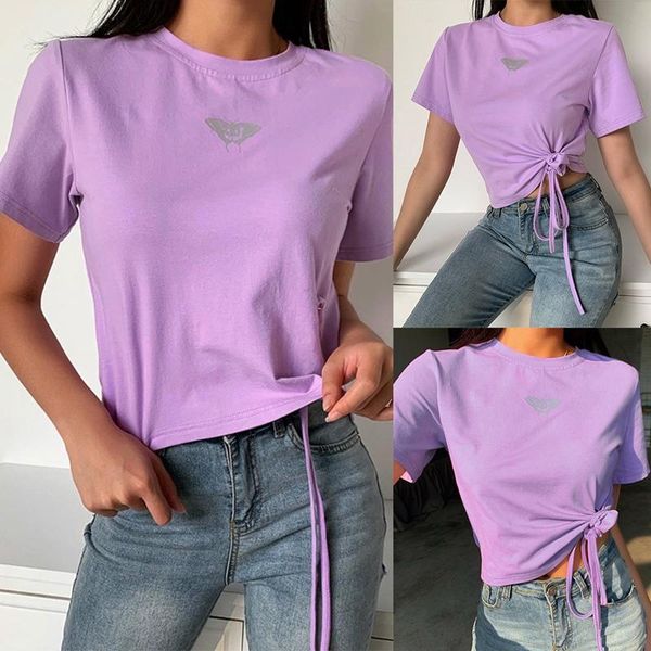 

women's t-shirt summer ladies casual fashion butterfly print short sleeves two wear drawstring high waist, White