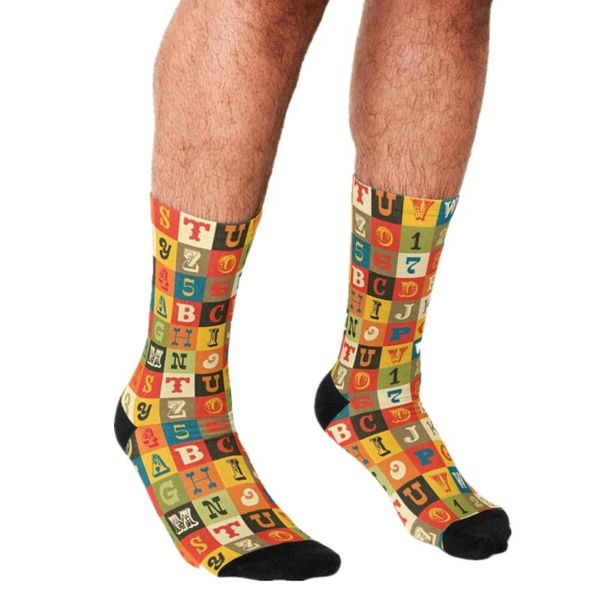 

men's socks 2021 funny vintage alphabet pattern printed hip hop men happy cute boys street style crazy for, Black