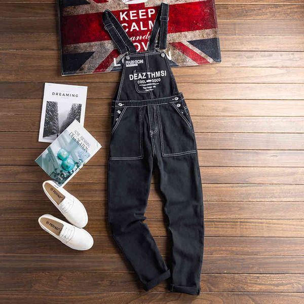 

men's japanese and korean black letters loose denim bib jeans hip-hop street clothing casual overalls, Blue