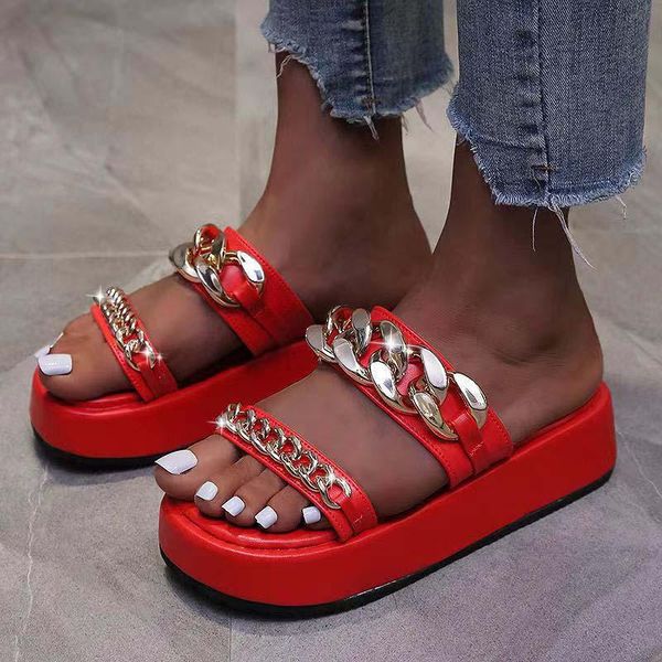 

slippers 2021 summer woman's metal chain thick bottom ladies slieds flip flops platform solid pu leather casual shoes female, Black