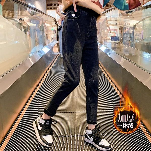 

jeans girl plus velvet autumn 2021 fashion children korean denim pants kids casual trousers winter thick warm, Blue
