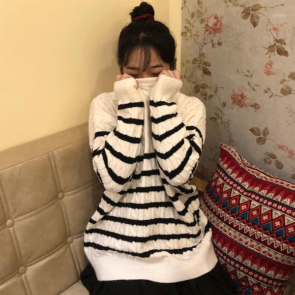

women's sweaters striped knitted sweater women 2021 autumn winter rumored long sleeve round neck warm middle length pullover femalem1, White;black