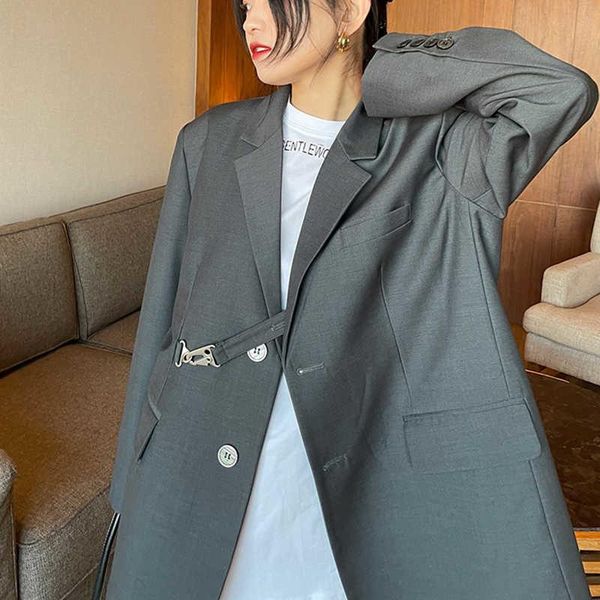 

women's suits & blazers zcsmll women gray big size buckle blazer lapel long sleeve loose fit jacket fashion tide spring autumn 2021, White;black