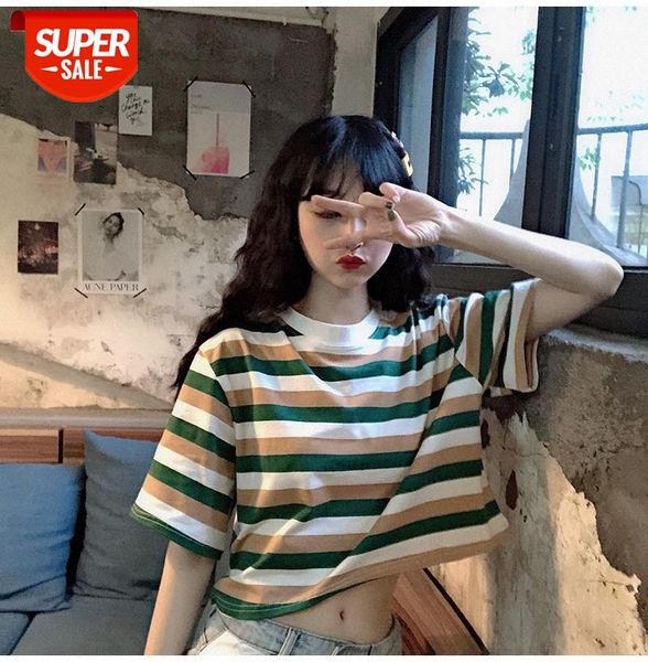 

striped short-sleeved t-shirt women's new korean style trendy student loose waist and short navel clothes #yx6u, White