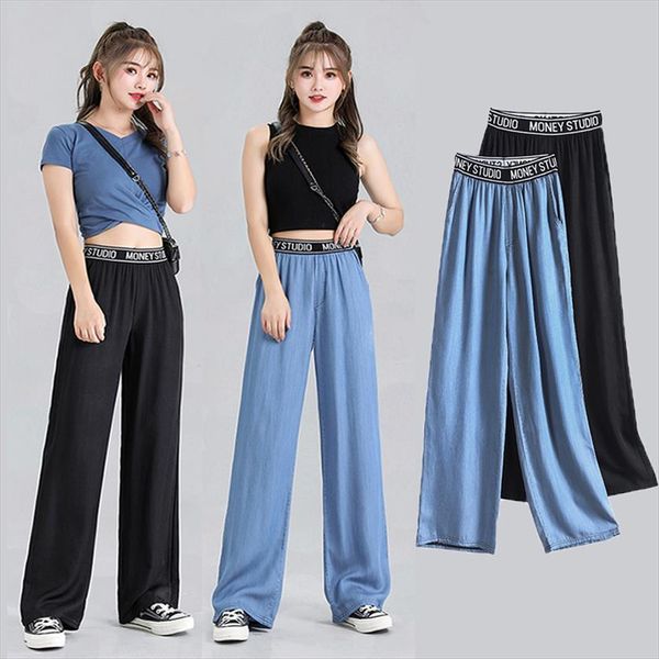 

wide trouser casual cool loose womens pant ice silk elastic summer high waist big swing beach skirt large size 4xl, Black;white