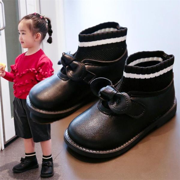 

girl bow boots knit stripe ankle shore child winter plush kids spring autumn fashion antislip shoes 21-35 pu, Black;grey