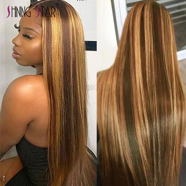 

lace wigs highlight wig human hair front ombre blonde straight honey and brown brazilian, Black;brown