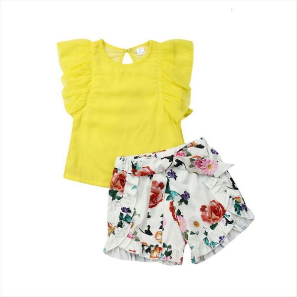 

toddler kid baby girl summer outfit clothes t shirt chiffon floral short pants 2pcs set, White