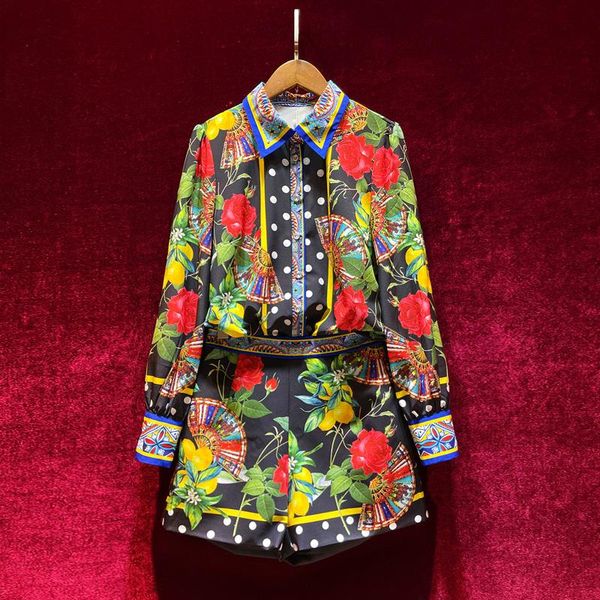 

women's tracksuits european and american summer 2021 long sleeve floral fan print shirt black shorts fashion suits, Gray