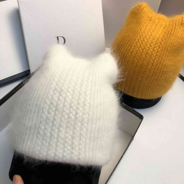 

autumn and winter rabbit bright silk cat knitting designer version lovely sweet soft mink hair ear protection wool hat girl, Black;white