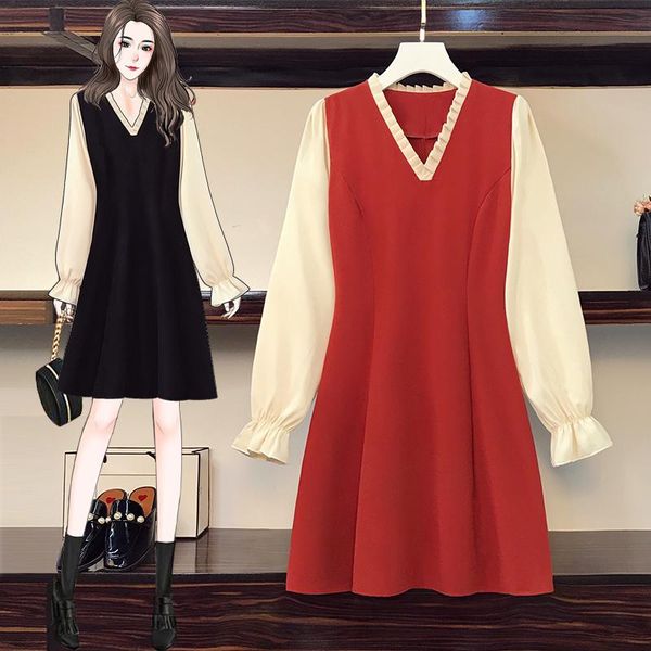 

casual dresses ehqaxin 2021 autumn winter wonens v-neck french pleated contrast color mid-length dress light luxury style l-5xl, Black;gray