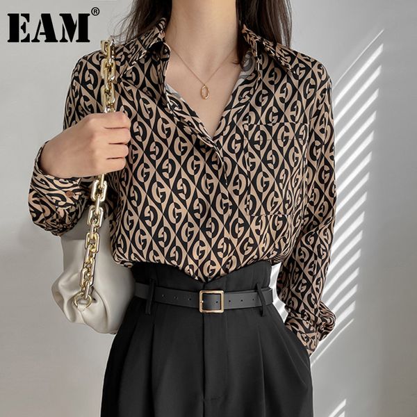 [Eam] Mulheres Castanho Castanho Big Size Casual Blusa Lapela Manga Longa Solta Fit Camisa Moda Primavera Verão 1d7330 210512