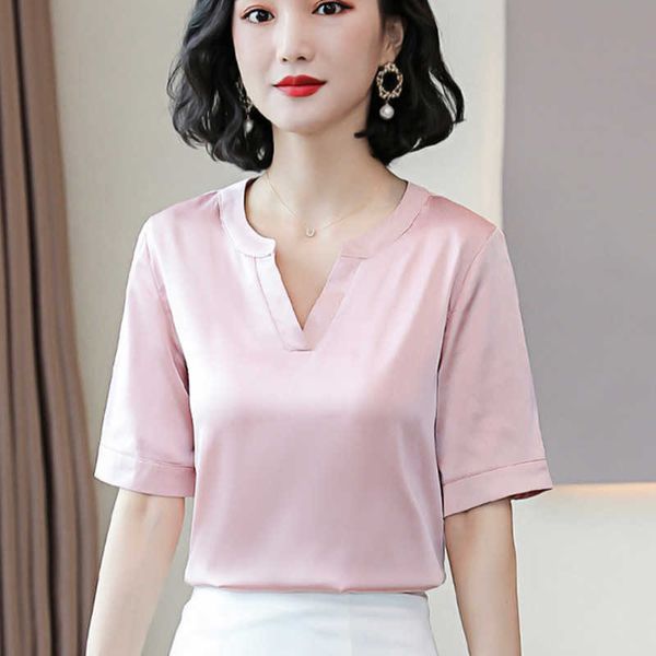 

korean silk women blouses satin woman v neck plus size blusas mujer de moda 210531, White
