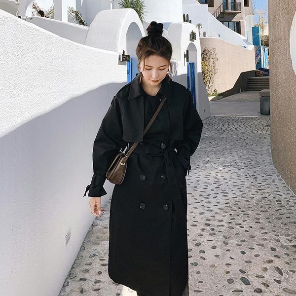 

women's trench coats england style elegant double breasted belt black coat spring fall women fashion oversize loose long windbreaker cl, Tan;black