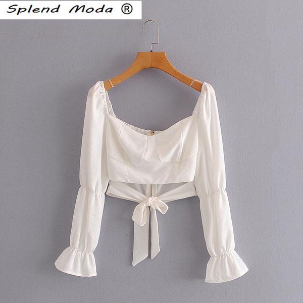 

women's blouses & shirts splend moda women vintage summer crop slim square collar backless long puff sleeve tie shirt blouse top, White