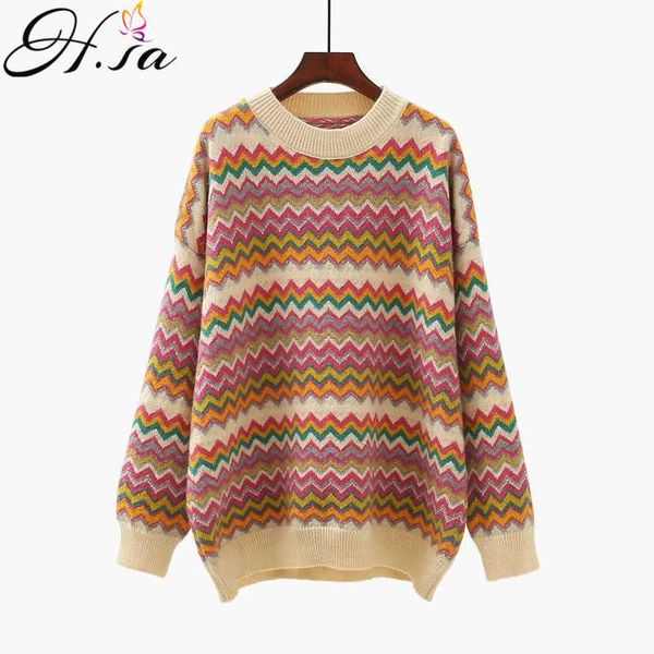 

h.sa winter striped sweaters for women casual knitwear rainbow wave colorful sweraters chick pullover femlae chic outerwear 210716, White;black