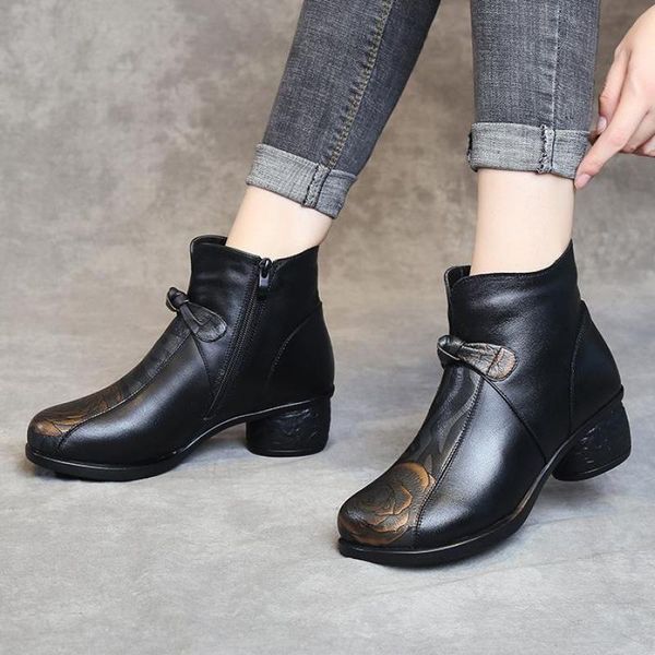 

boots johnature genuine leather women winter shoes zip round toe sewing retro national style warm concise leisure platform, Black