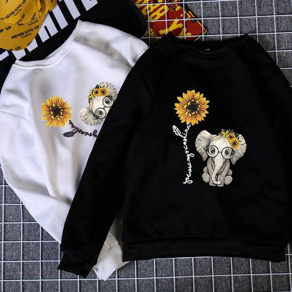 

fashion hoodies round ne printed animal elephant jaet women's top, Black