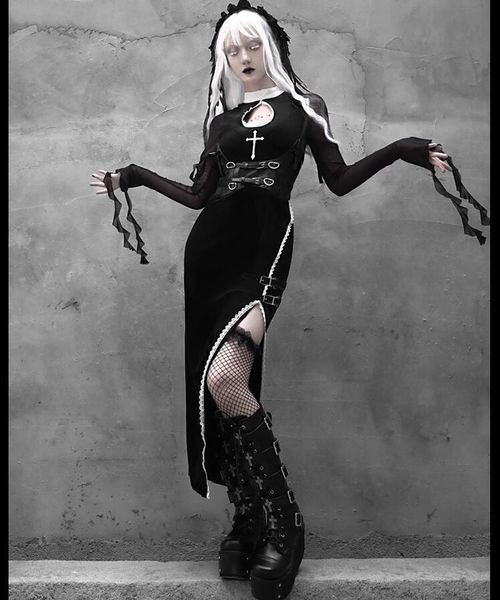 

casual dresses spring women harajuku gothic fashion cross embroidery hollow out temperament slim black velvet high slit dress, Black;gray