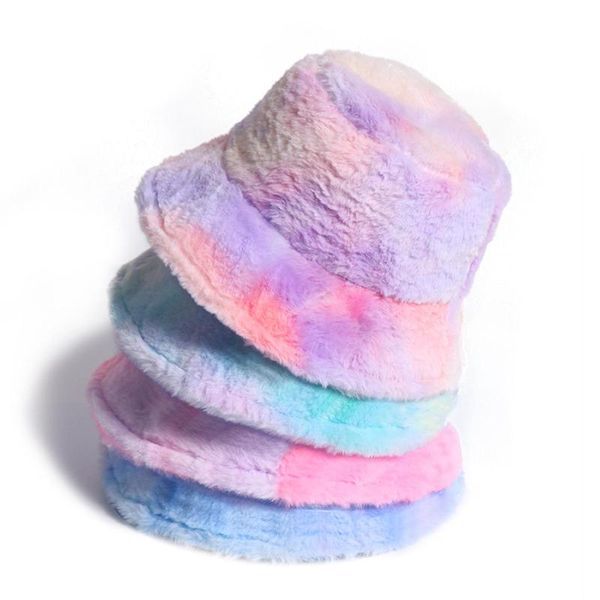 

wide brim hats fashion women plush winter warm keeping rainbow tie dye cap fisherman bucket hat cute color, Blue;gray