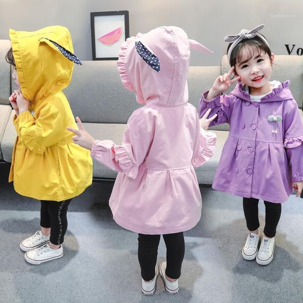 

jackets 2021 spring girls' jacket lace sleeves ears double-breasted pure color sweet hooded windbreaker1, Blue;gray