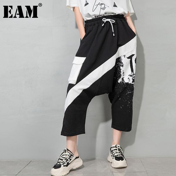 

[eam] high elastic waist black letter print strap irregular trousers loose pants women fashion spring autumn 1dd8139 21512, Black;white