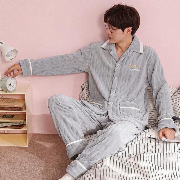 

men's sleepwear men thick flannel pajamas sets 2pcs large size floral pyjamas suit turn-down collar loose lounge winter nightwear, Black;brown