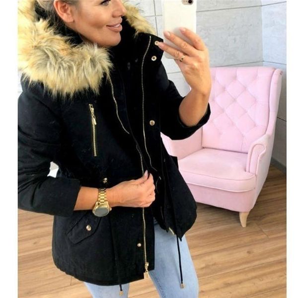 

women's jackets 2021 wo fashion plus size thick winter warm military uniform hooded jacket casual fur coat outwear overcoat n16, Black;brown