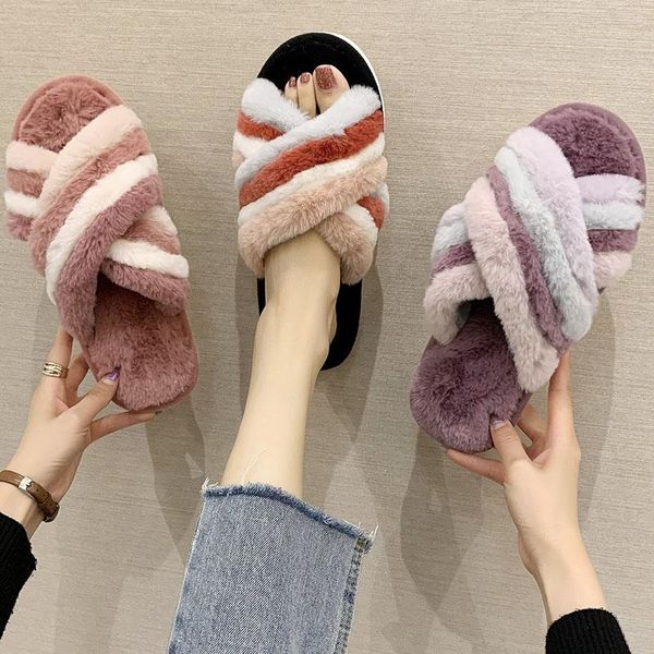

slippers women's home plush keep warm winter slides ladies flat shoes 2021 indoor soft comfort cross strap faux fur, Black