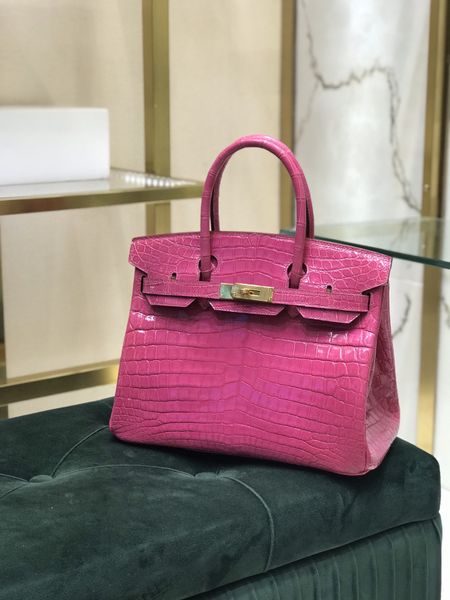 

only 1pc in stcok discount price wholesale fuchsia shinny crocodile desingers handbag 25cm fully handmade by 3crocodiles wax stitching gold