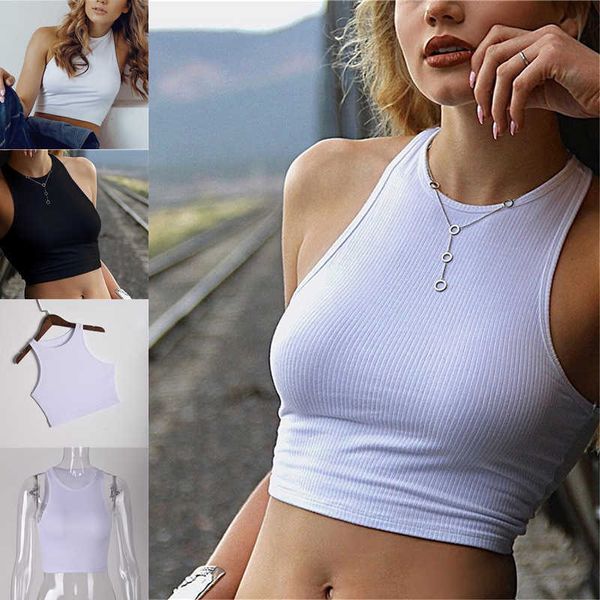 Beyaz Örme Yuvarlak Boyun Kadın T-shirt Seksi Kolsuz Kaşkorse Kırpma Üst Kadın Sıkı Streç Tank Top Bayanlar Tee Top Streetwear Y0622