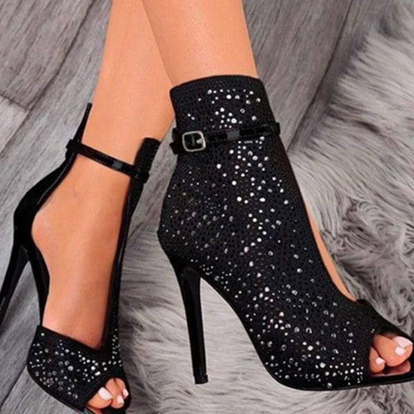 

dress shoes 2021 summer foreign trade rome fish mouth rhinestone fine high-heeled sandals plus size female, Black