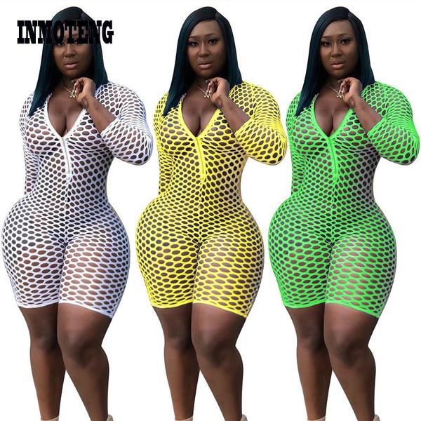 

hollow out fishnet jumpsuit women zipper v neck see though summer shorts romper beach night club playsuit outfits women's jumpsuits & r, Black;white