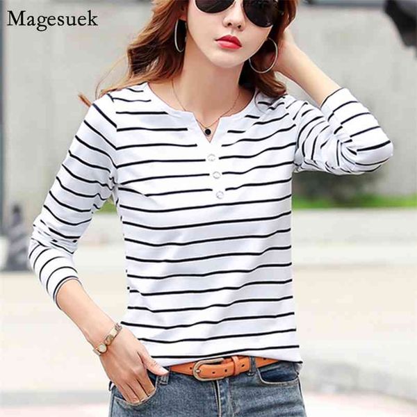 

plus size cotton long shirt women sleeve striped blouse v-neck autumn casual s blouses fashion female 7215 210512, White