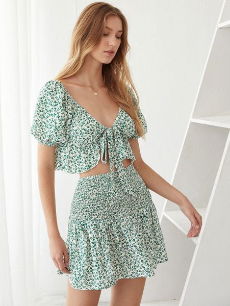 

ditsy floral tie front & shirred waist skirt set 669o#, White