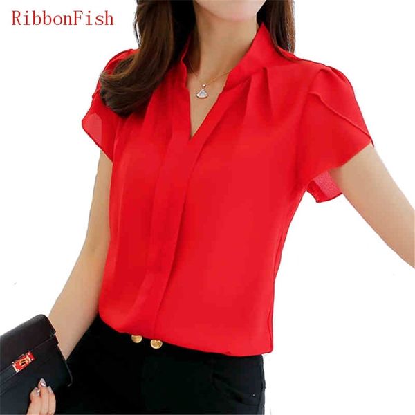 

women summer chiffon blouses shirts lady girls casual v-neck short sleeve blusas df1038 210609, White