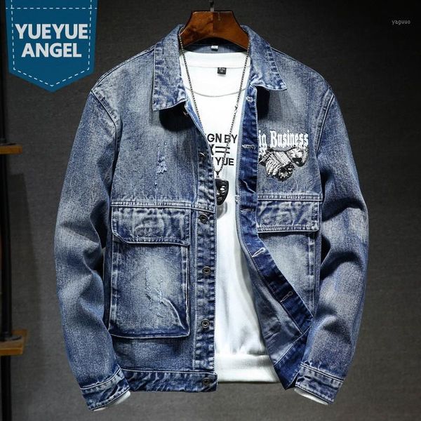 

autumn mens biker denim jacket fashion printed big pocket loose fit casual coat vintage lapel single breasted outerwear men's jackets, Black;brown